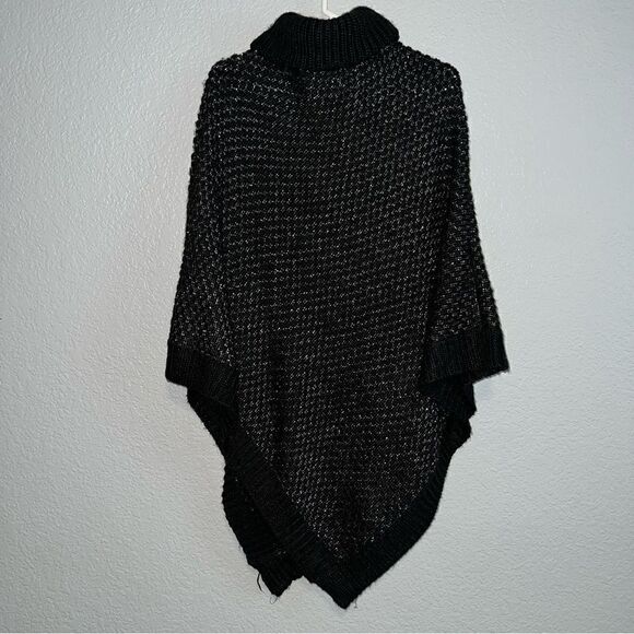 Calvin Klein Womens Chunky Knit Tinsel Turtle Neck Sweater Poncho Black One Size - Picture 3 of 12